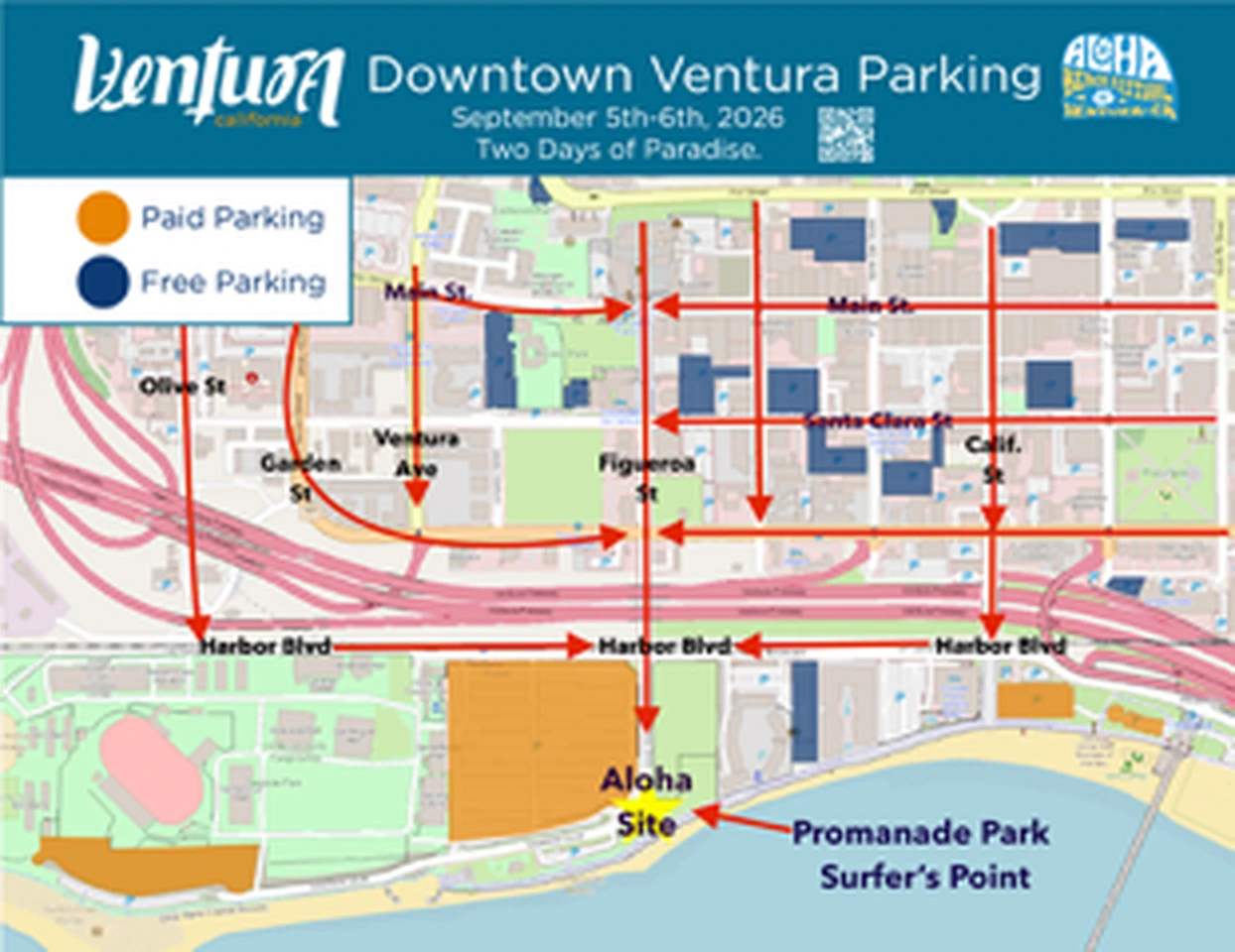Downtown Ventura parking map for the Aloha Beach Festival, September 5-6, 2026 — orange marks paid parking, blue marks free parking, with the Aloha Site at Promenade Park / Surfer's Point near Harbor Blvd.