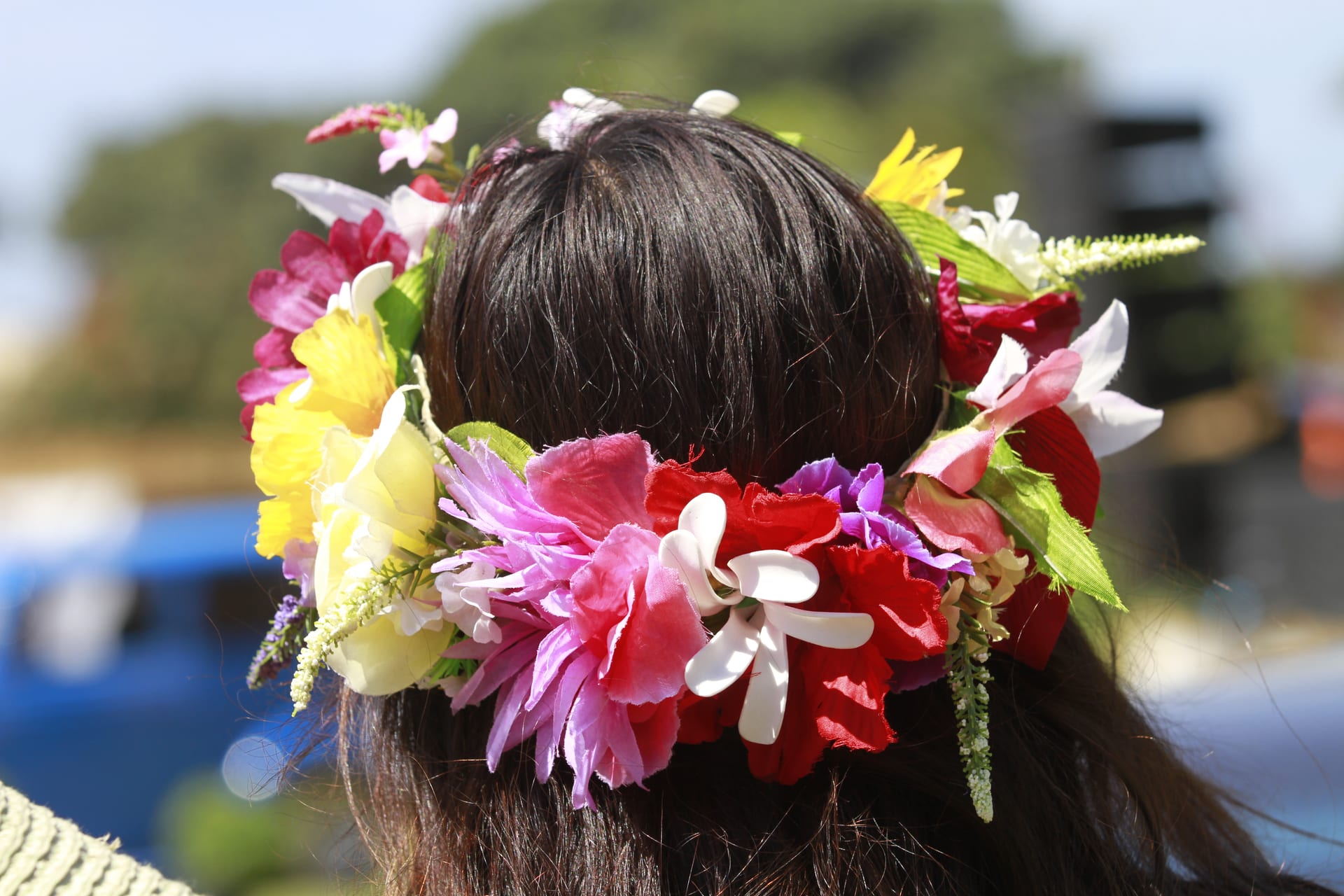 Haku lei flower crown of plumeria, hibiscus, and greenery