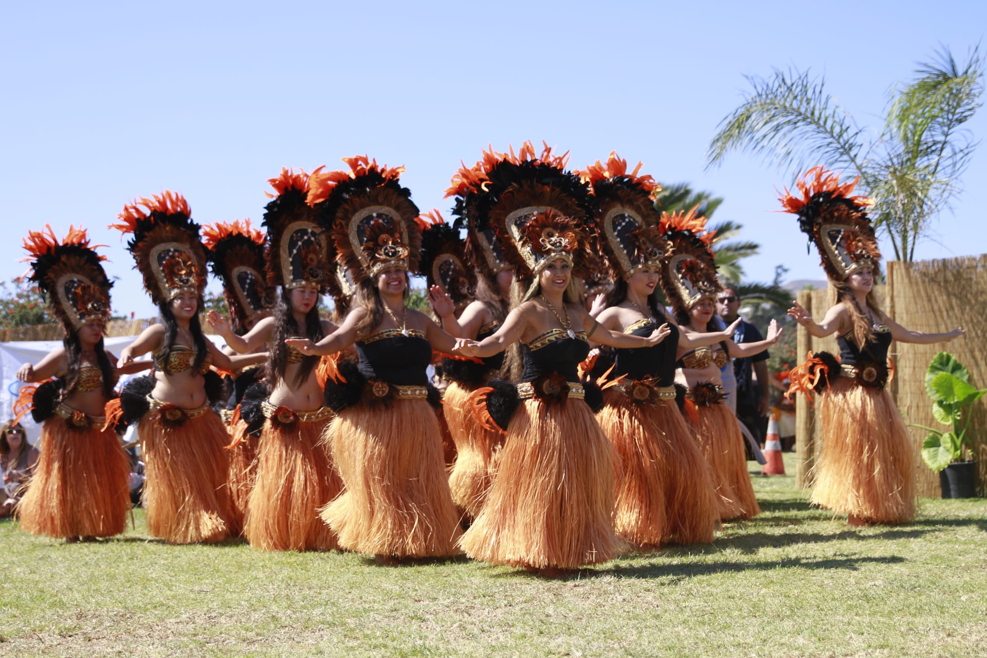 Dancers in red and tan feather headdresses